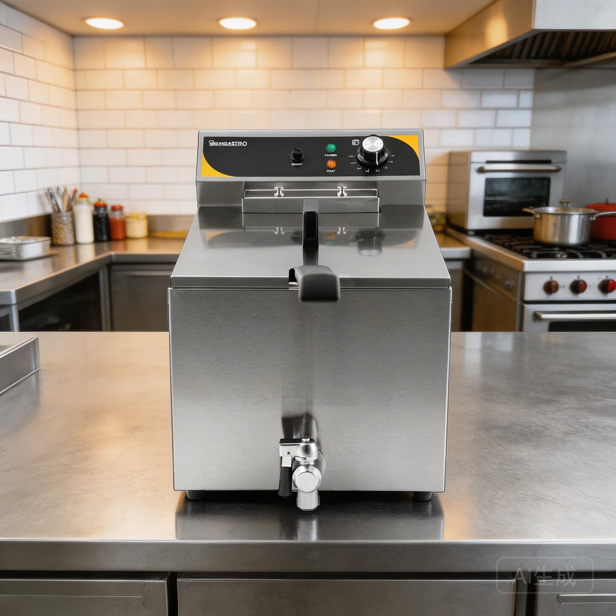 Commercial gas fryer in a busy restaurant kitchen