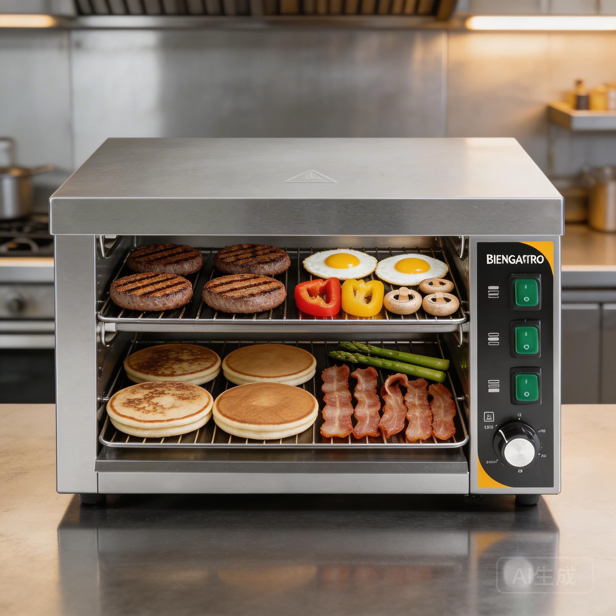 Various foods being cooked on commercial griddle - burgers, eggs, vegetables, pancakes showing versatility, professional kitchen setting