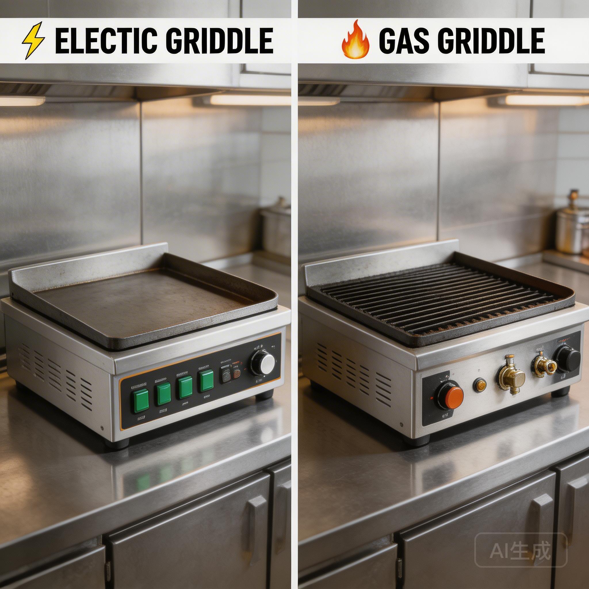 Side by side comparison of electric griddle and gas griddle in commercial kitchen, clean product photography showing both types
