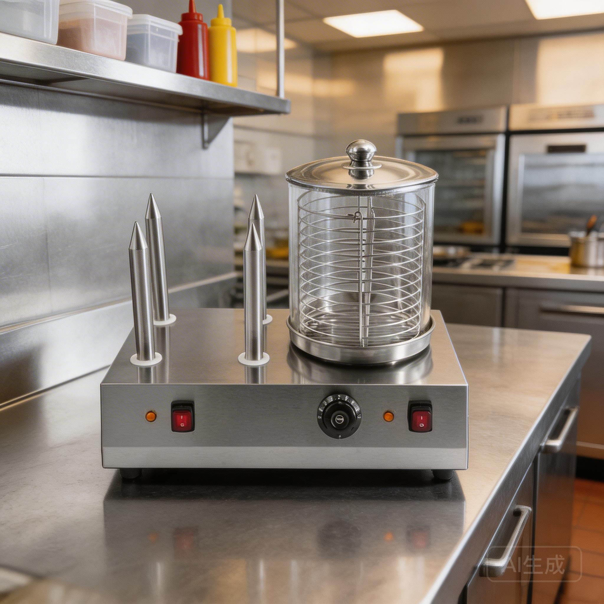 Commercial hot dog roller grill in a busy kitchen setting