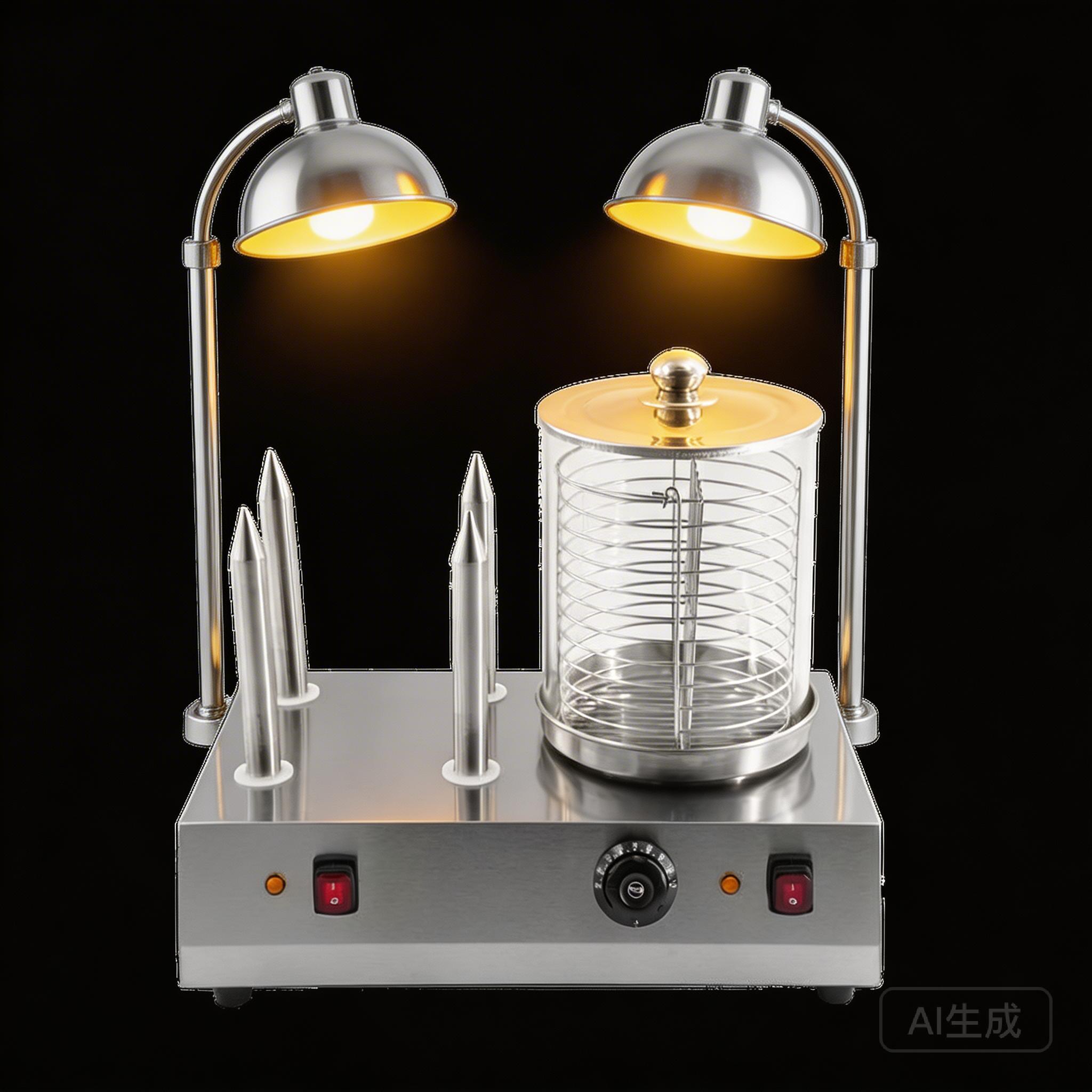 Complete hot dog station with roller grill bain marie and warming lamp integration