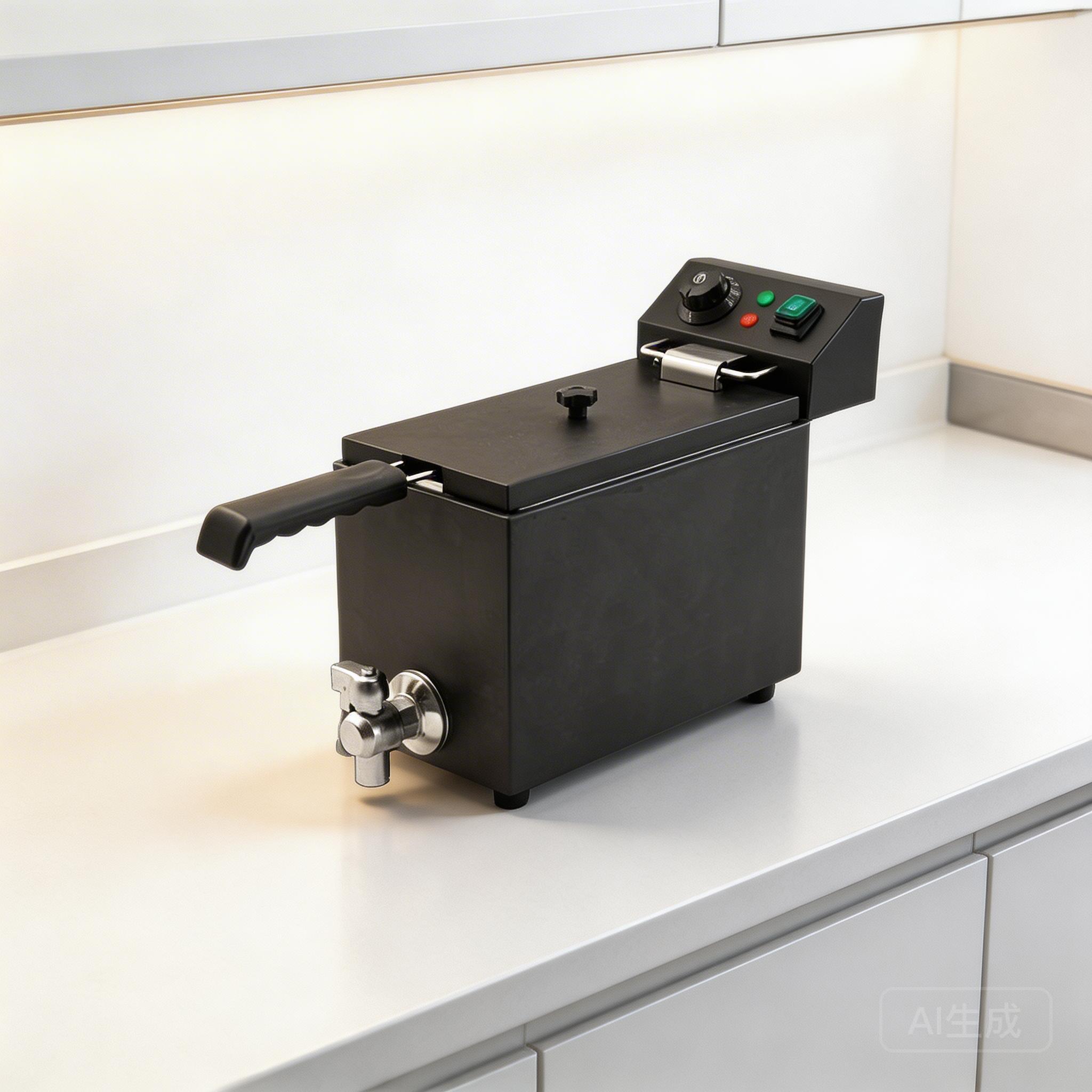 Countertop electric fryer - compact stainless steel single tank electric fryer on restaurant counter, professional product photography, clean white background with slight shadow