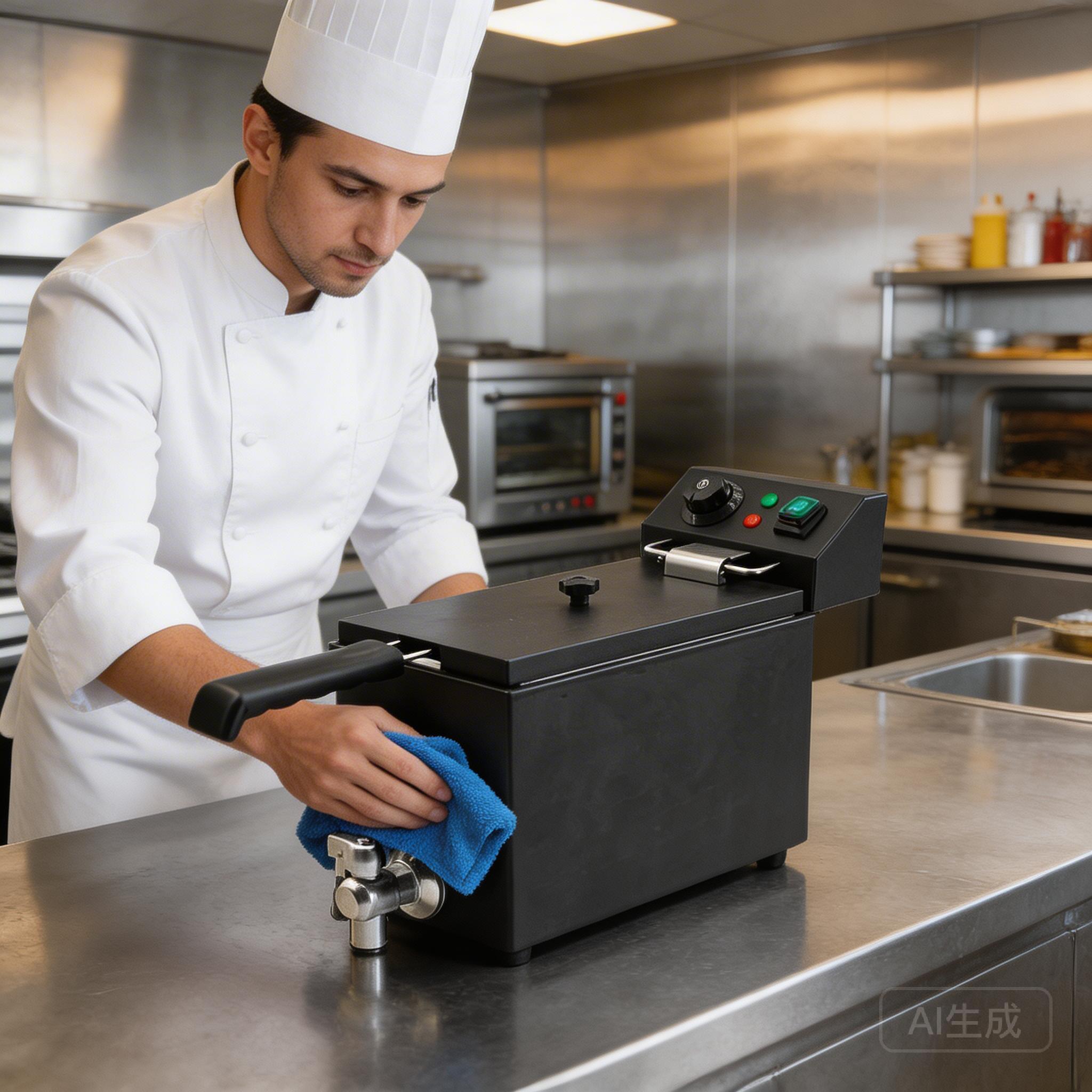 Floor model commercial electric fryer - heavy-duty stainless steel double tank floor standing electric fryer in professional restaurant kitchen, industrial design, professional photography