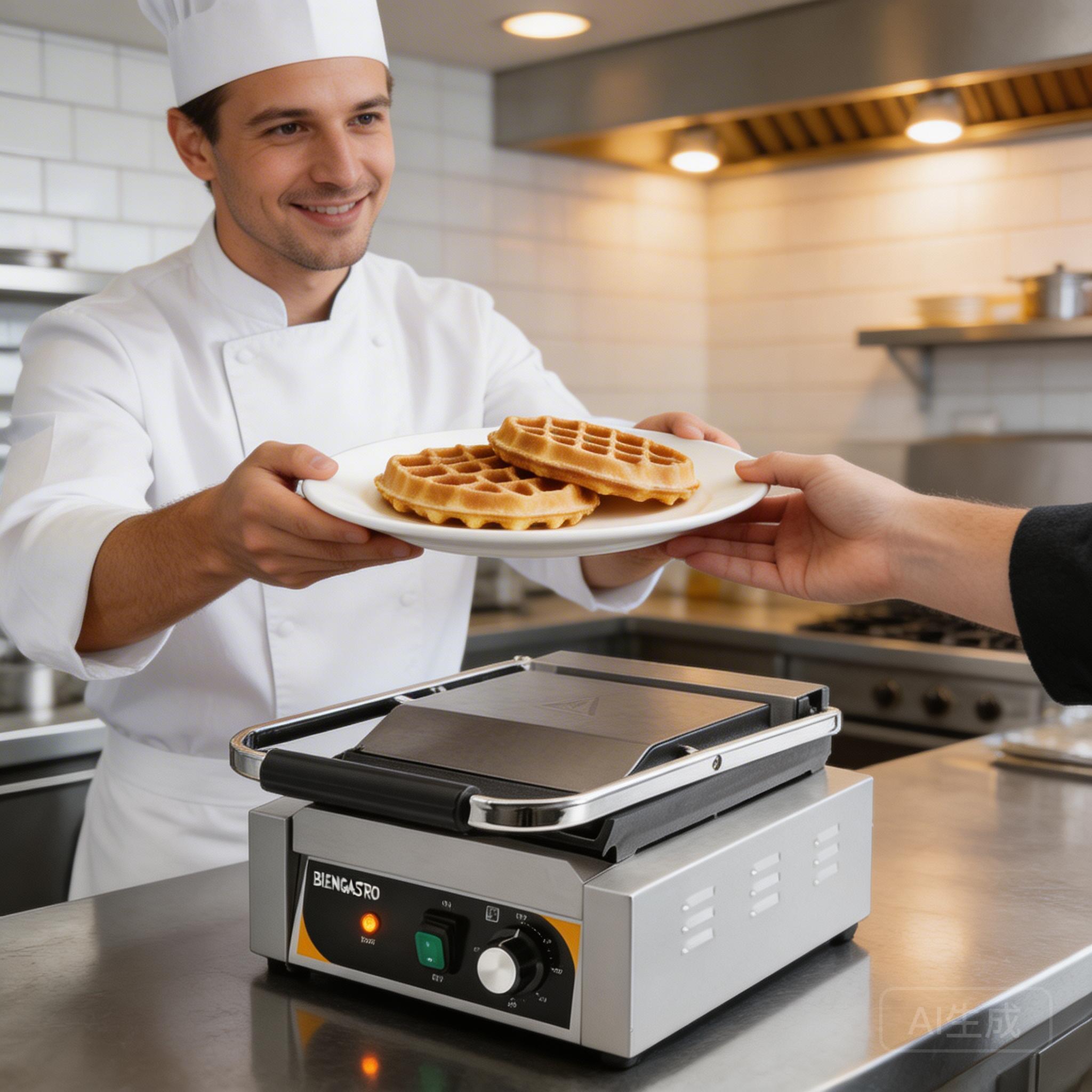 Chef serving fresh Belgian waffles to customers in a restaurant