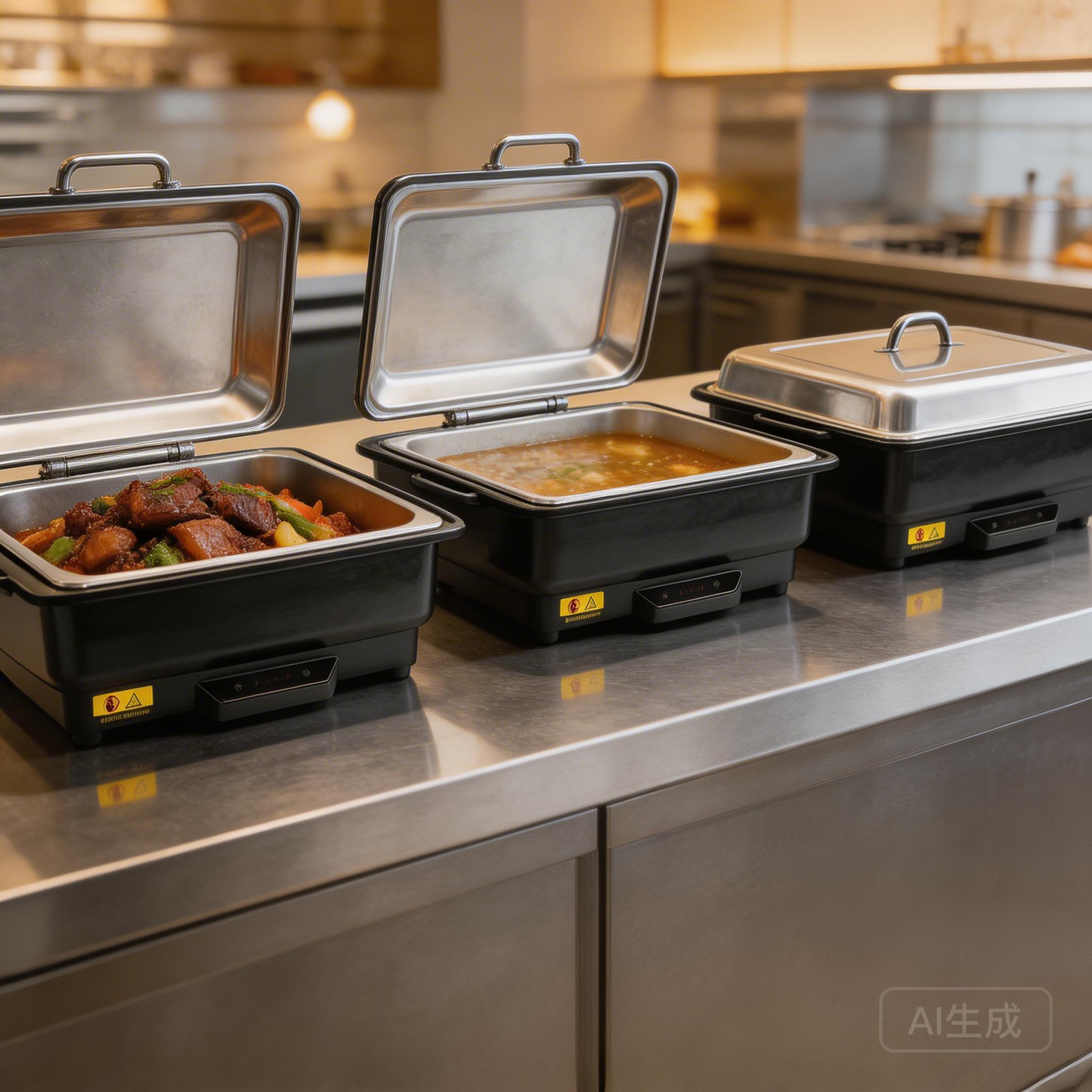 Commercial bain marie food warmer in a buffet setup with multiple dishes