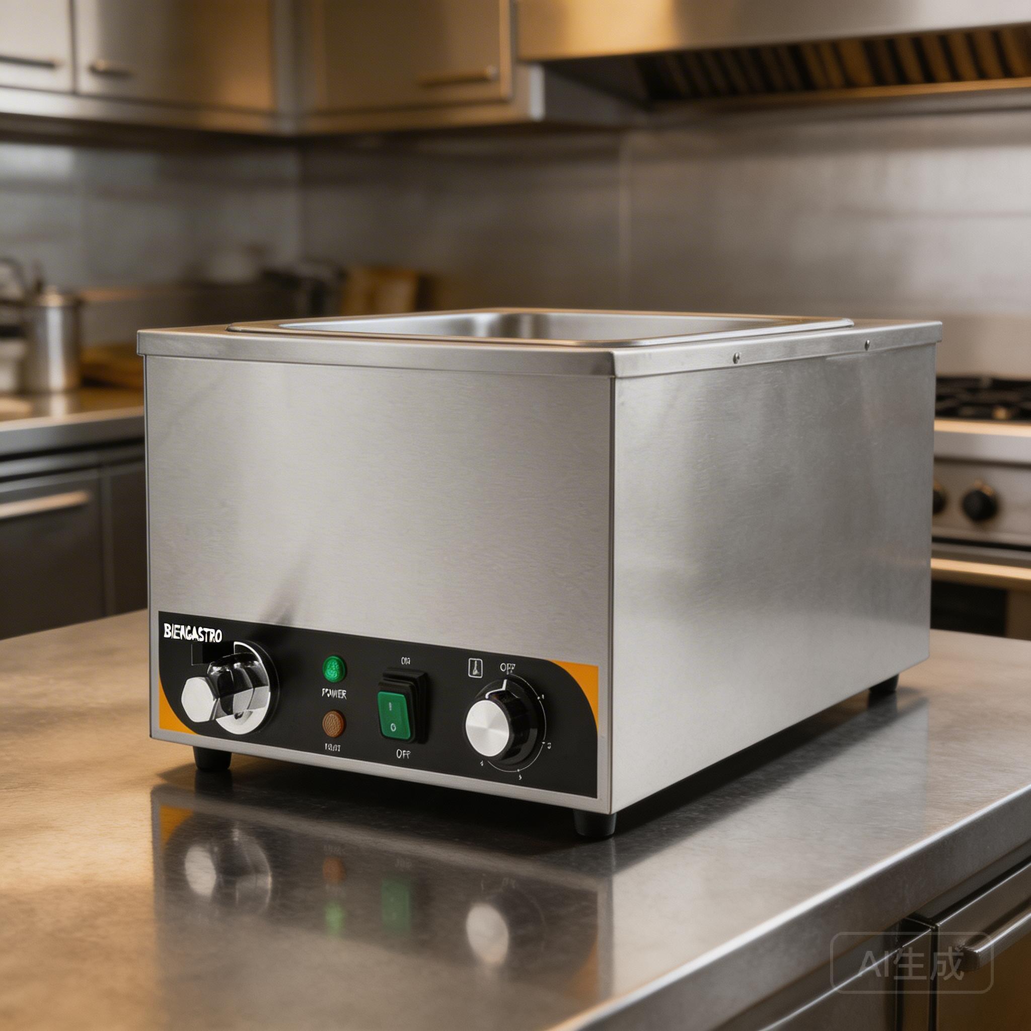 Close-up of Biengastro BM4S bain marie food warmer showing SS304 stainless steel construction