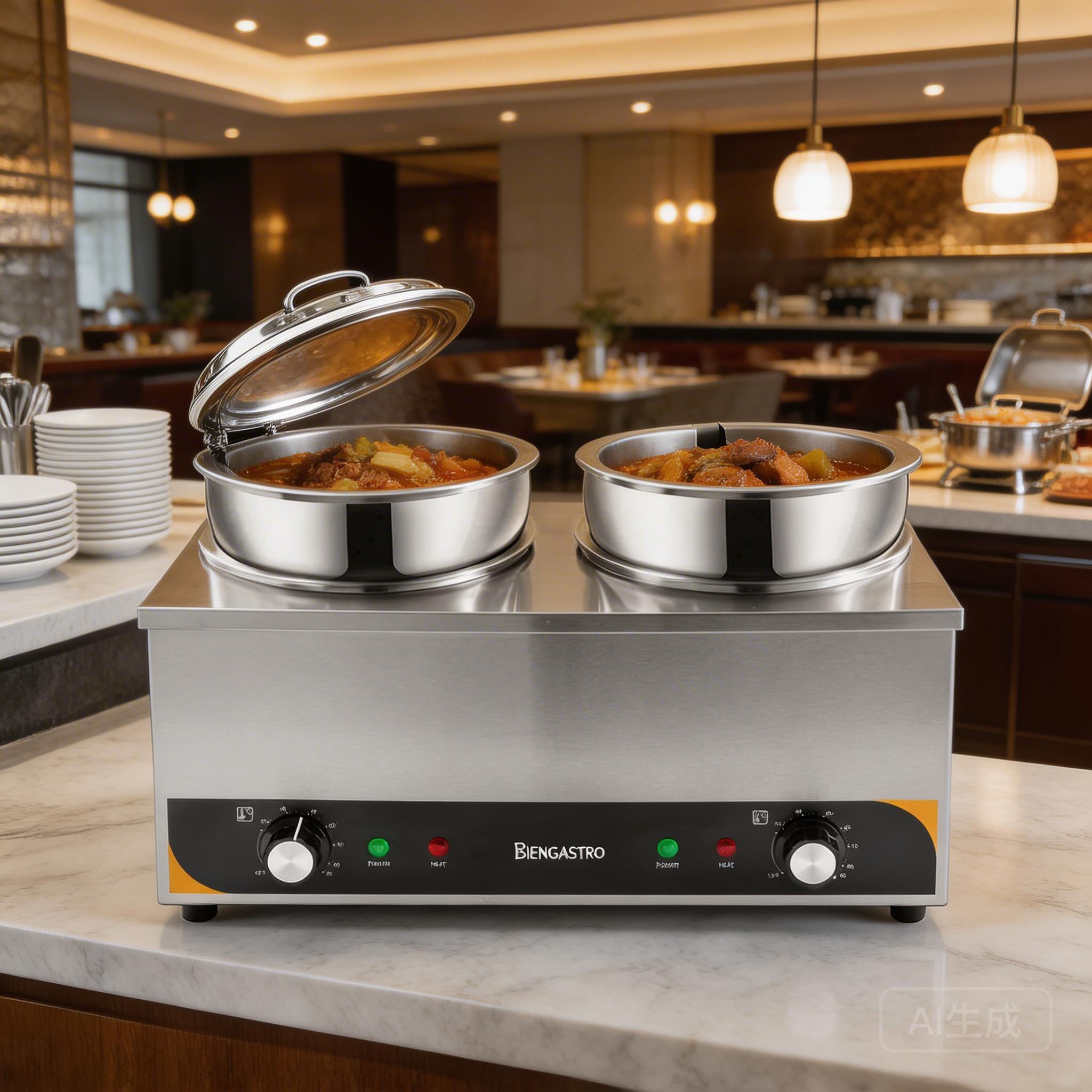 Biengastro bain marie food warmer in action at a hotel buffet with multiple heated pans