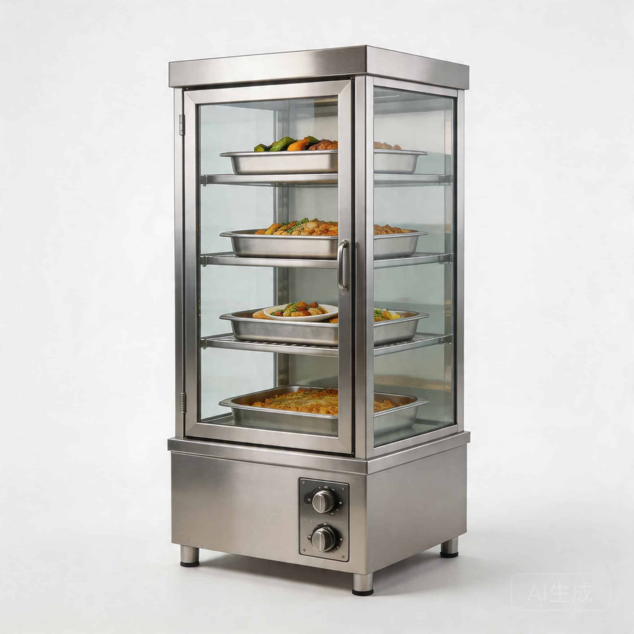 Commercial floor standing food warmer with glass display and multiple shelves