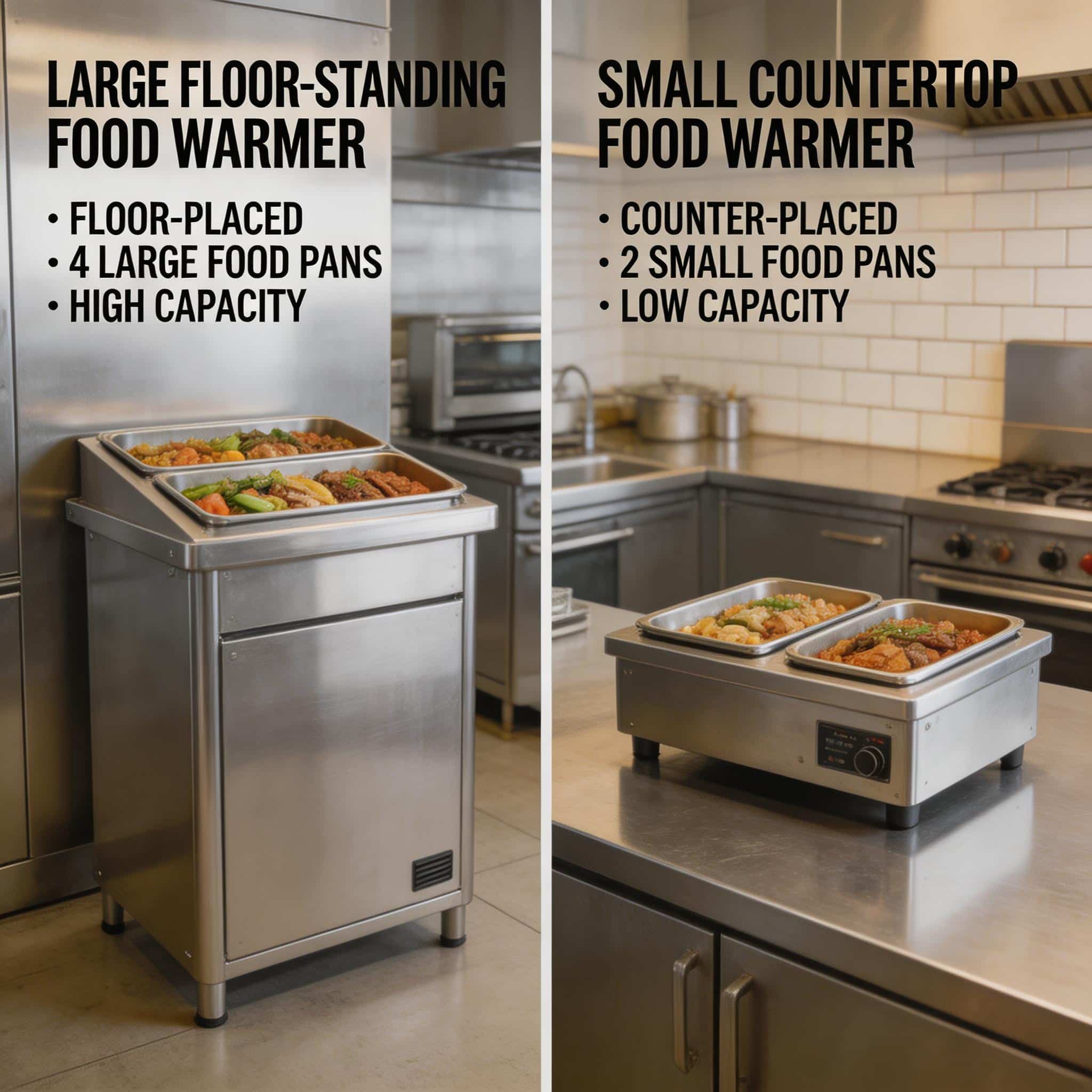 Floor standing vs countertop food warmer comparison: capacity, space, durability