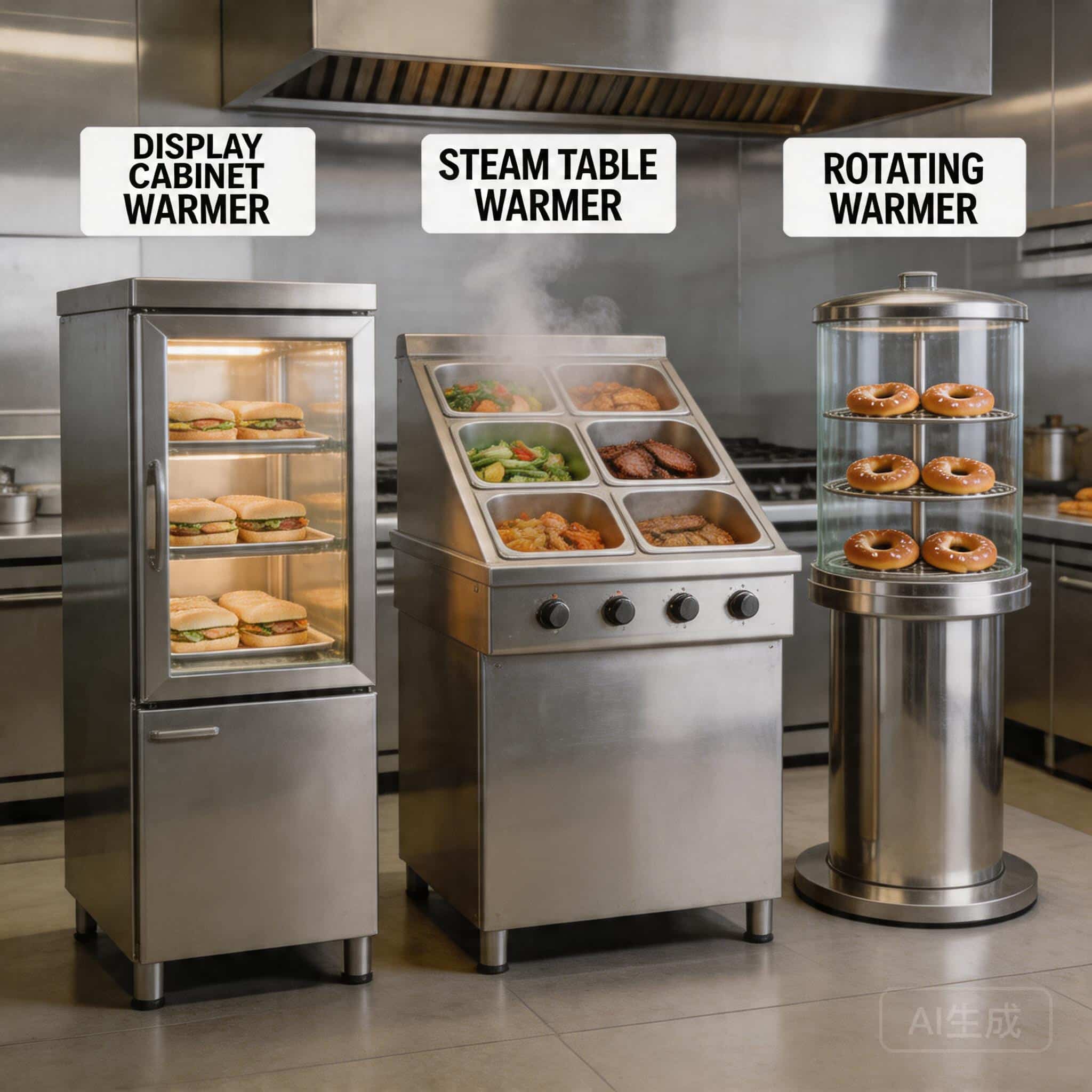 Types of commercial floor standing food warmers: display cabinet, heat lamp, steam table, rotating