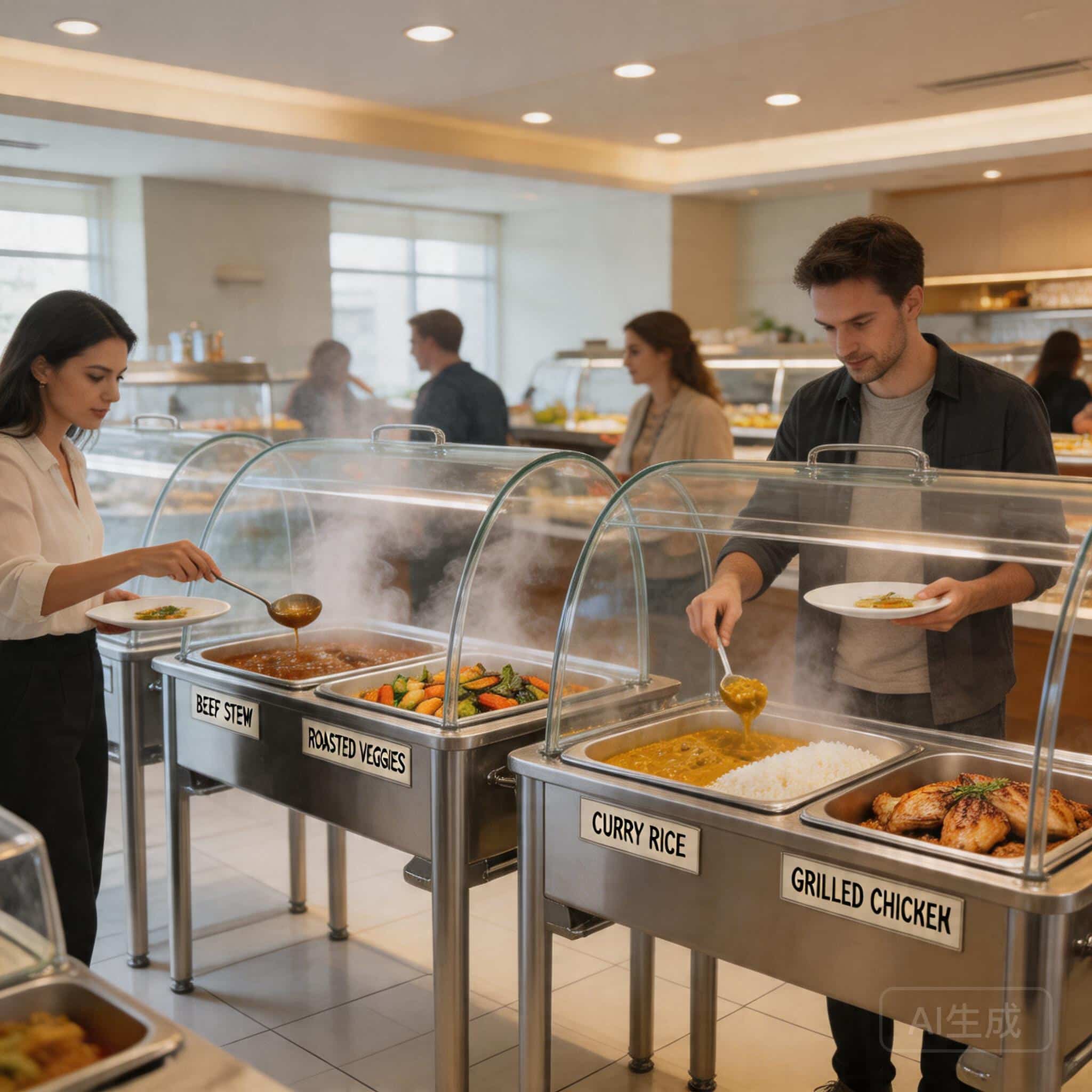 Floor standing food warmer use cases: restaurant buffet, catering event, bakery display, deli rotisserie