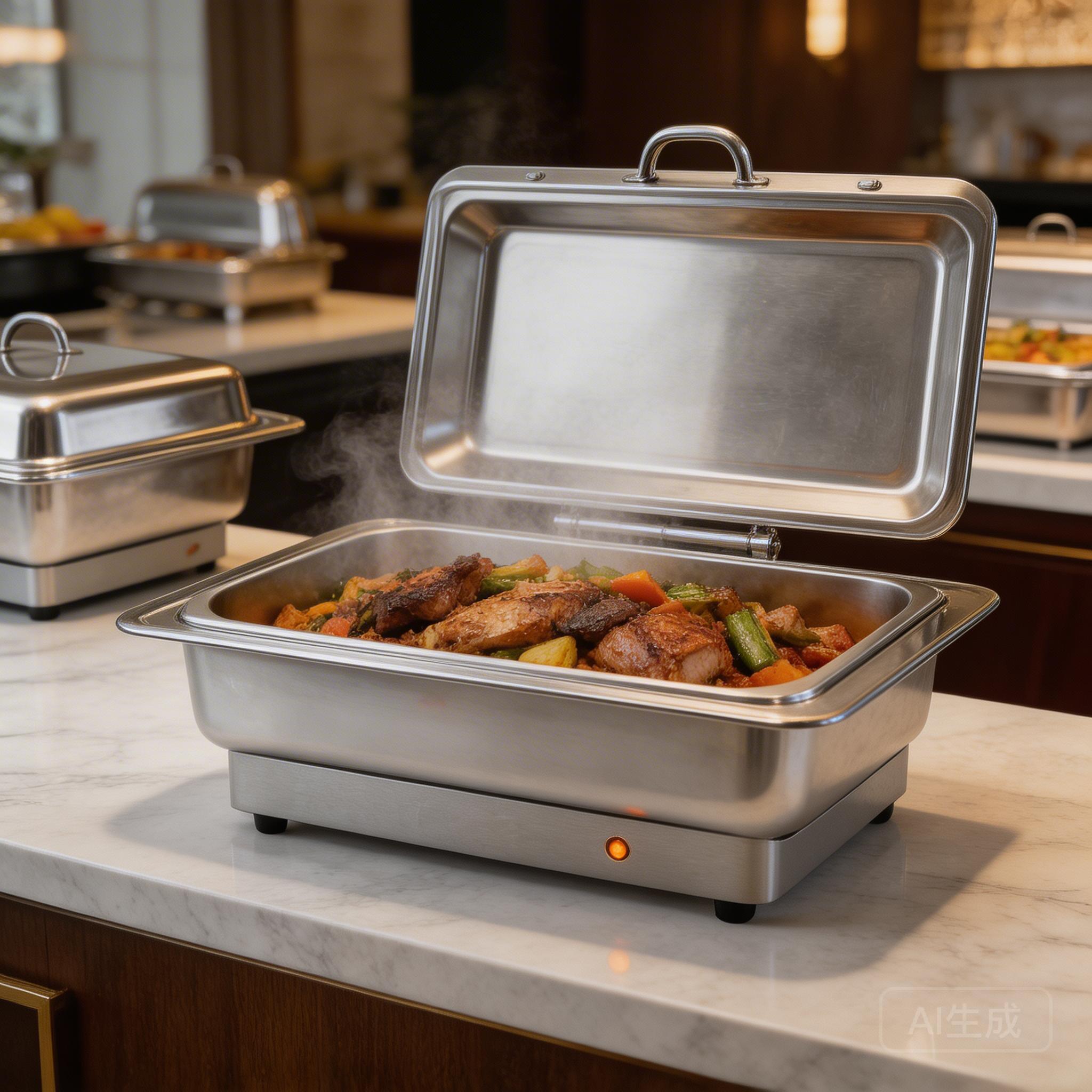 Commercial electric chafing dish buffet setup with Biengastro equipment