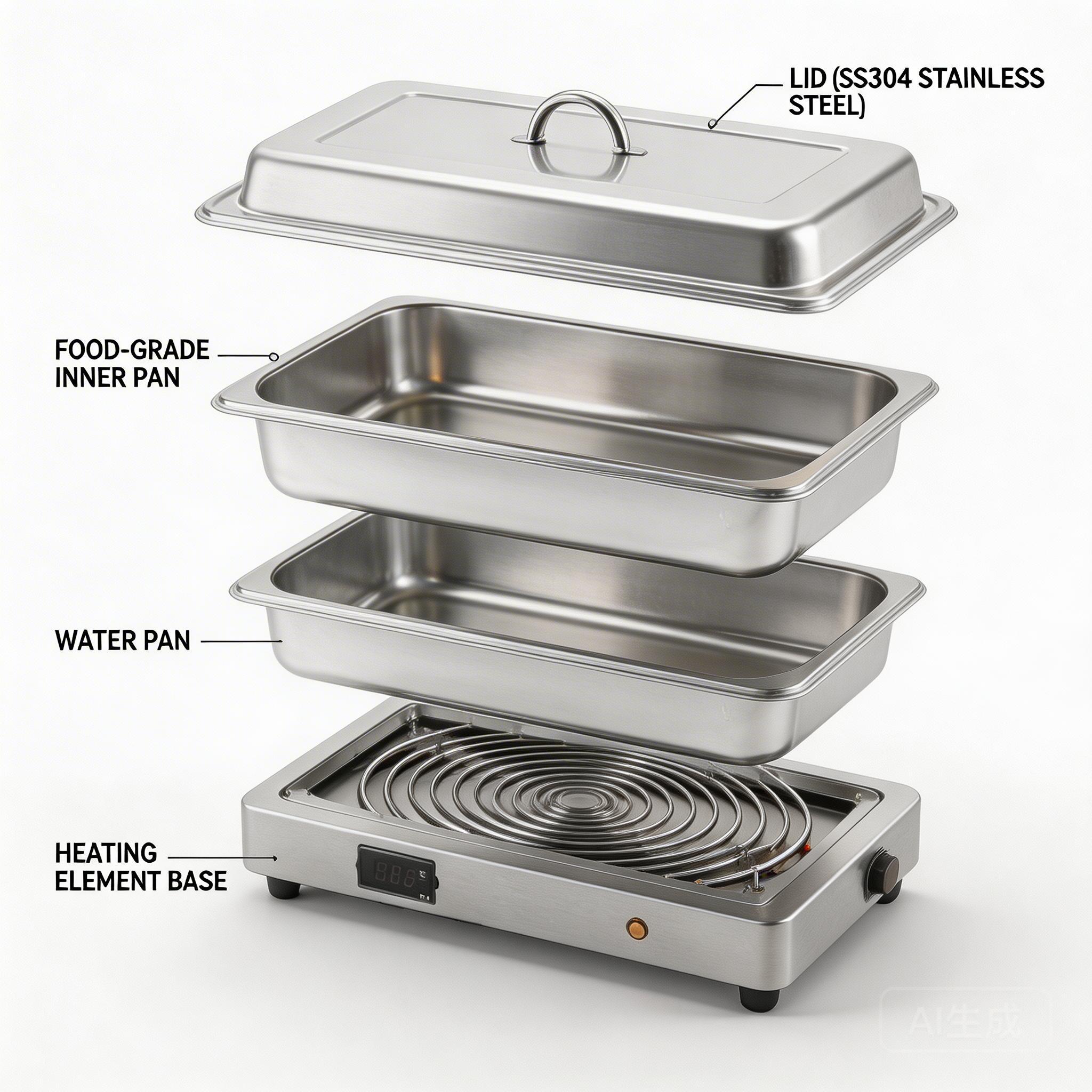 Stainless steel electric chafing dish components (SS304 body, food-grade inner pan)