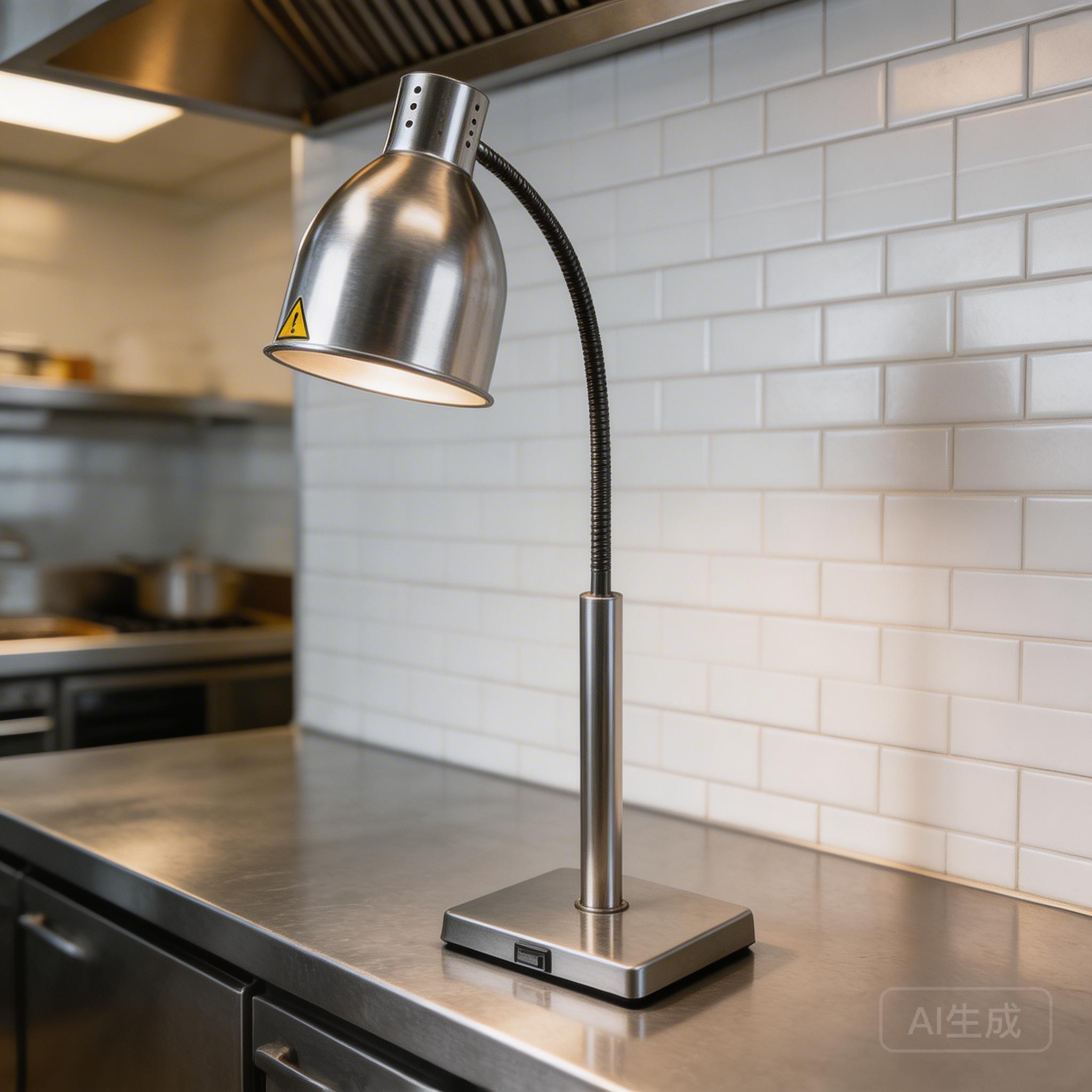 Commercial food heat lamp in a restaurant kitchen