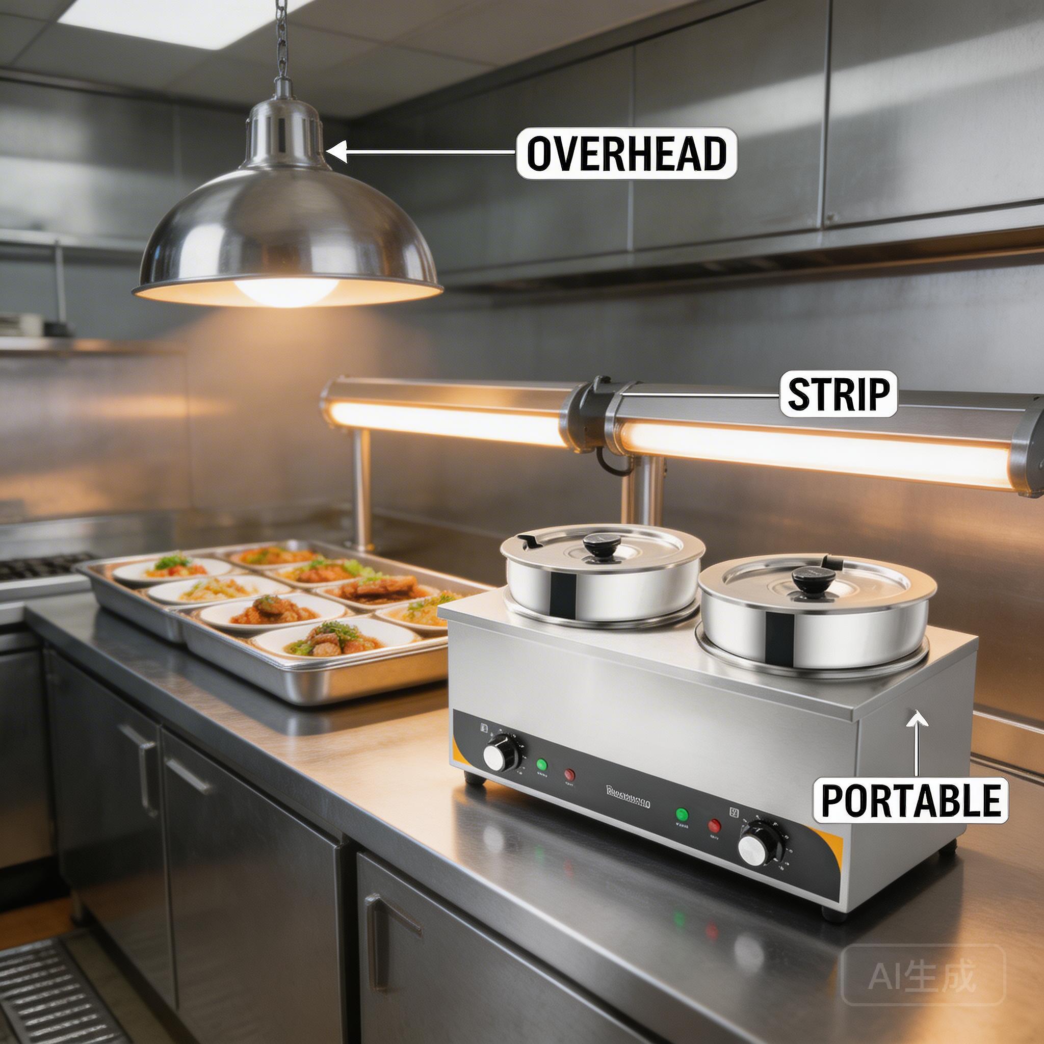 Types of commercial heat lamps: overhead, strip, and portable