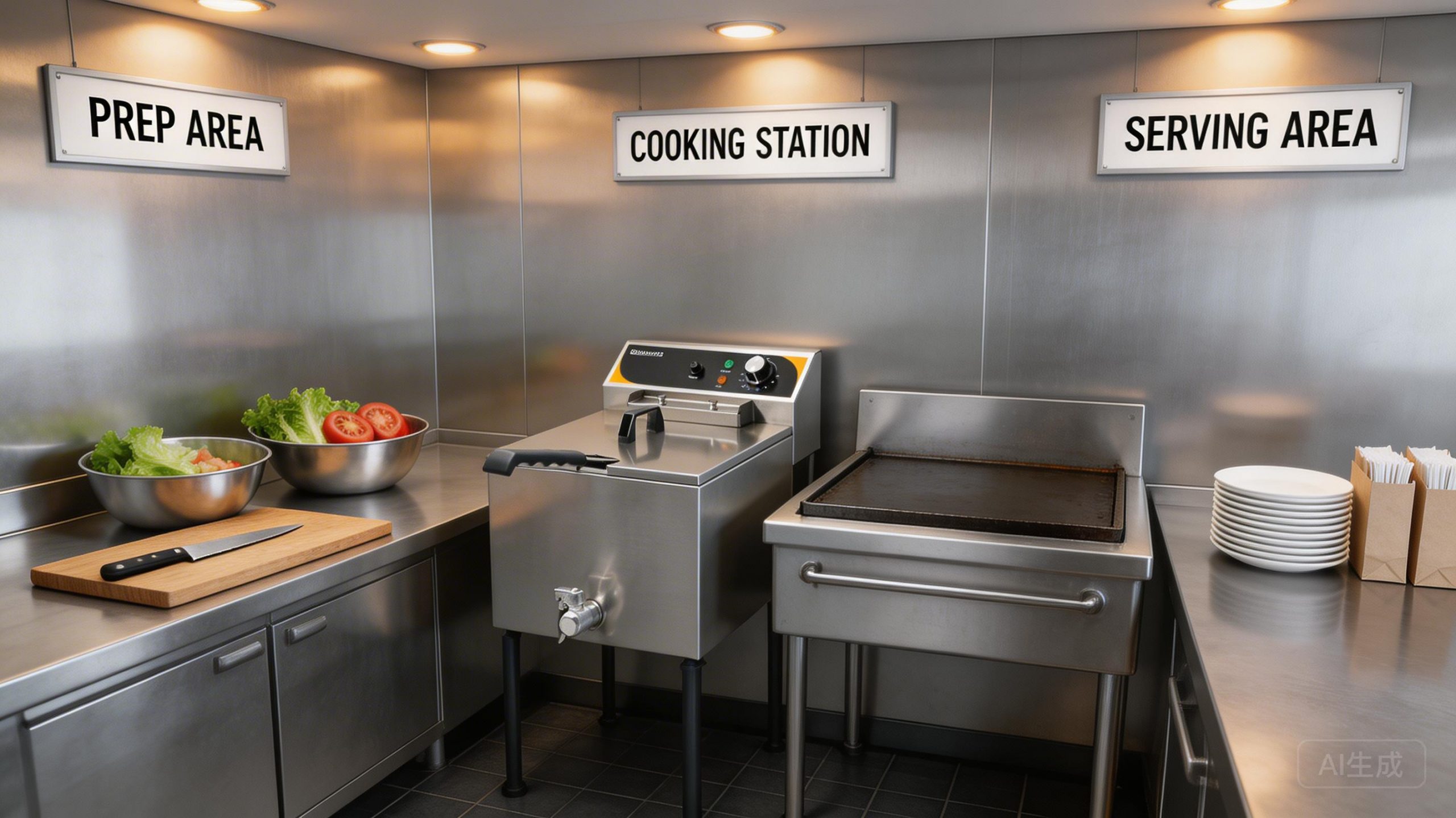 Small restaurant kitchen layout workflow zones