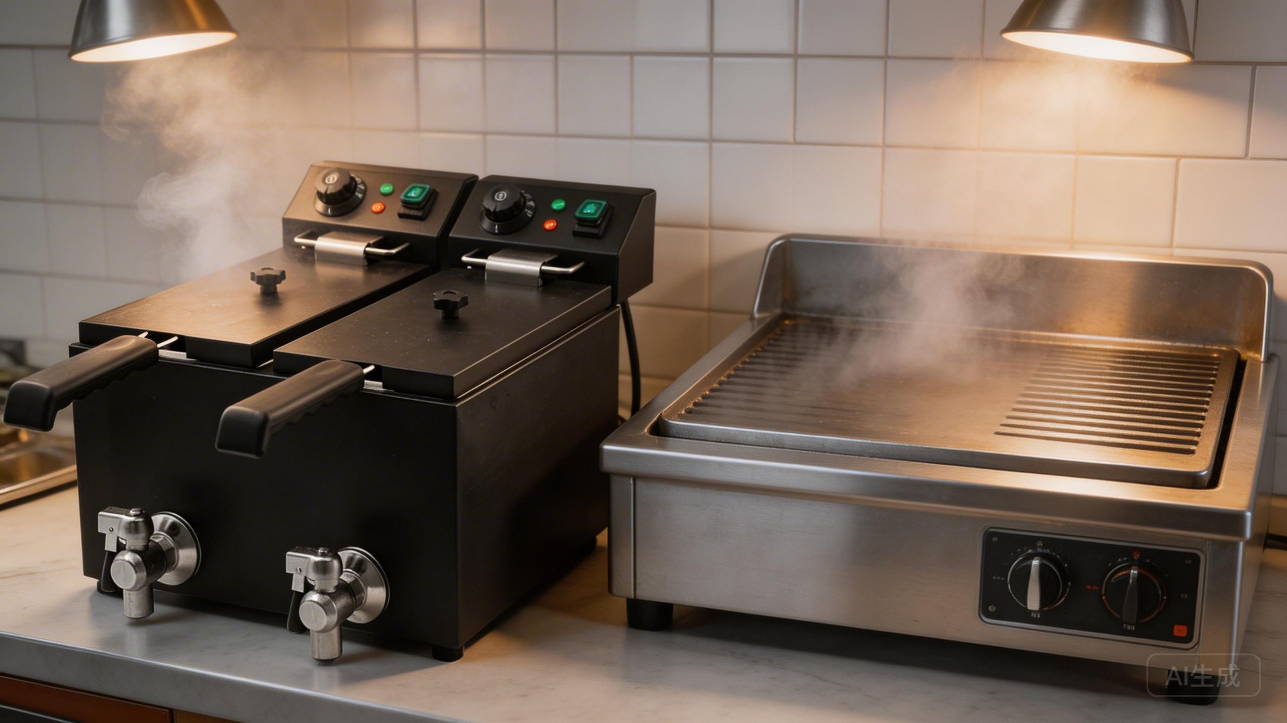 Commercial electric fryer and griddle for small restaurant kitchen