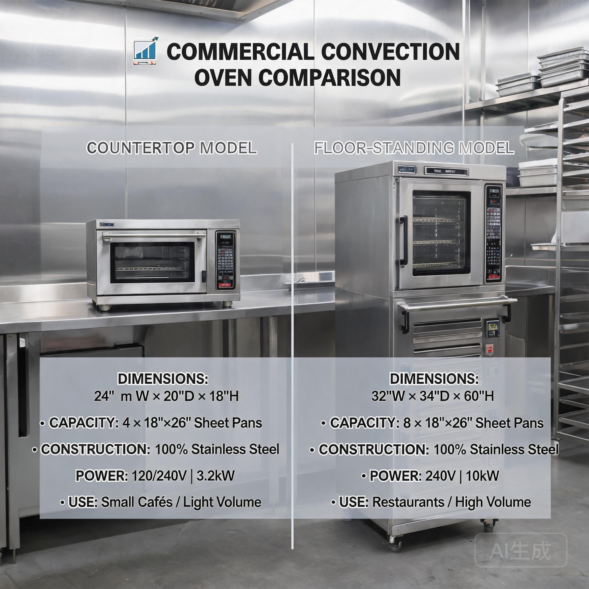 Commercial convection oven capacity and power specifications chart