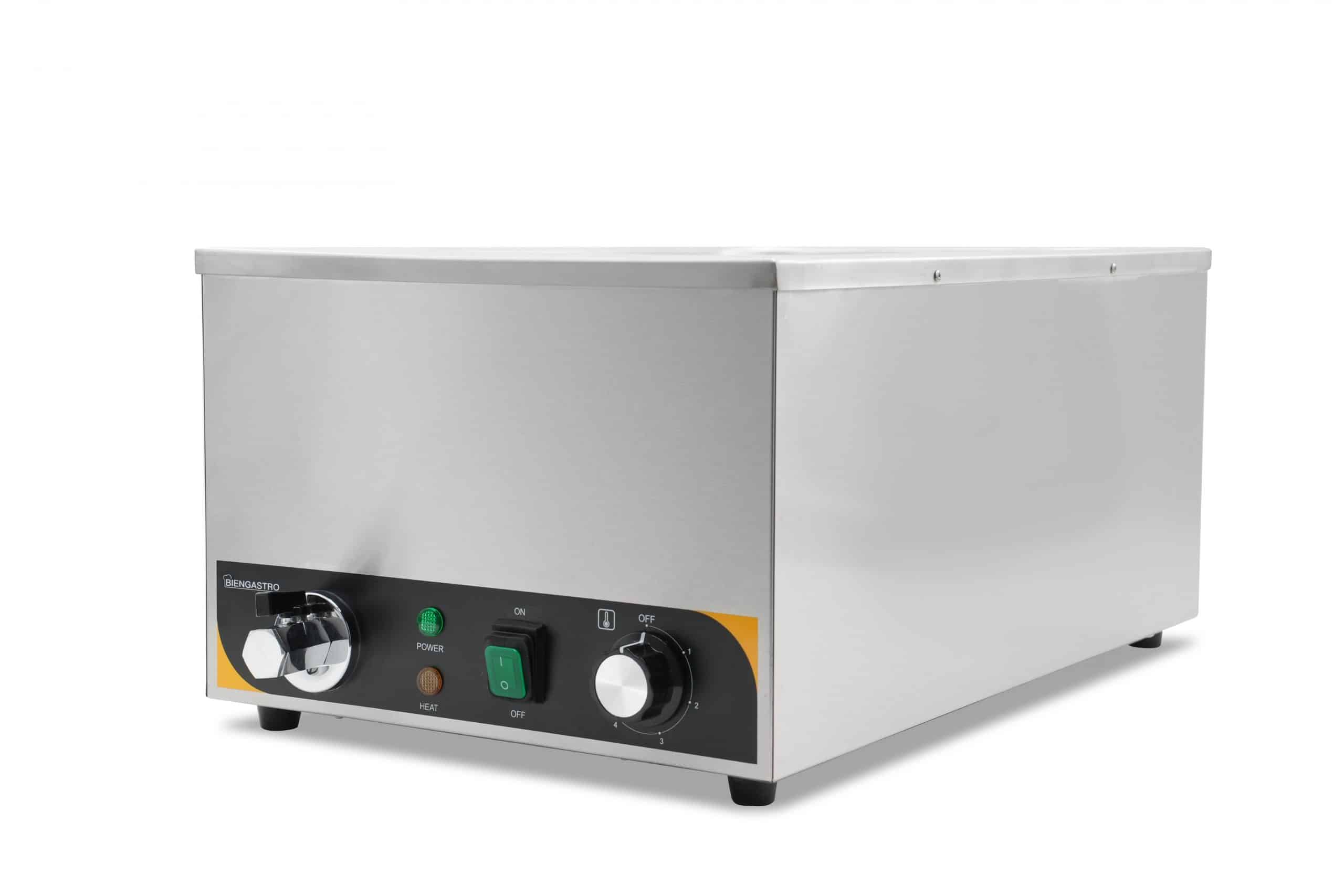 Different types of commercial bain marie units — single pot, double pot, and countertop tank models